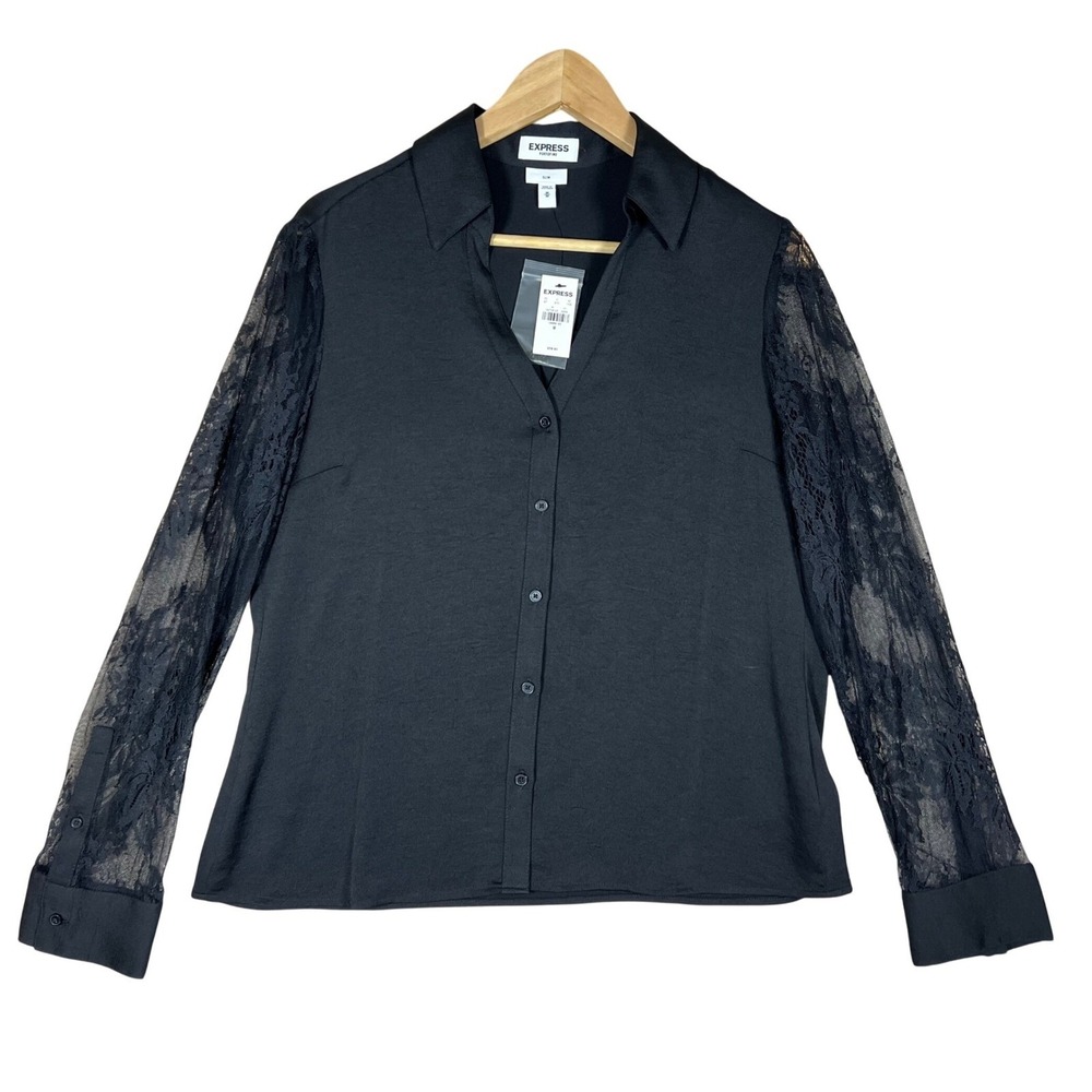 Express Portofino‎ NWT Black Lace Sleeve Button Down Shirt Medium Slim Whimigoth
